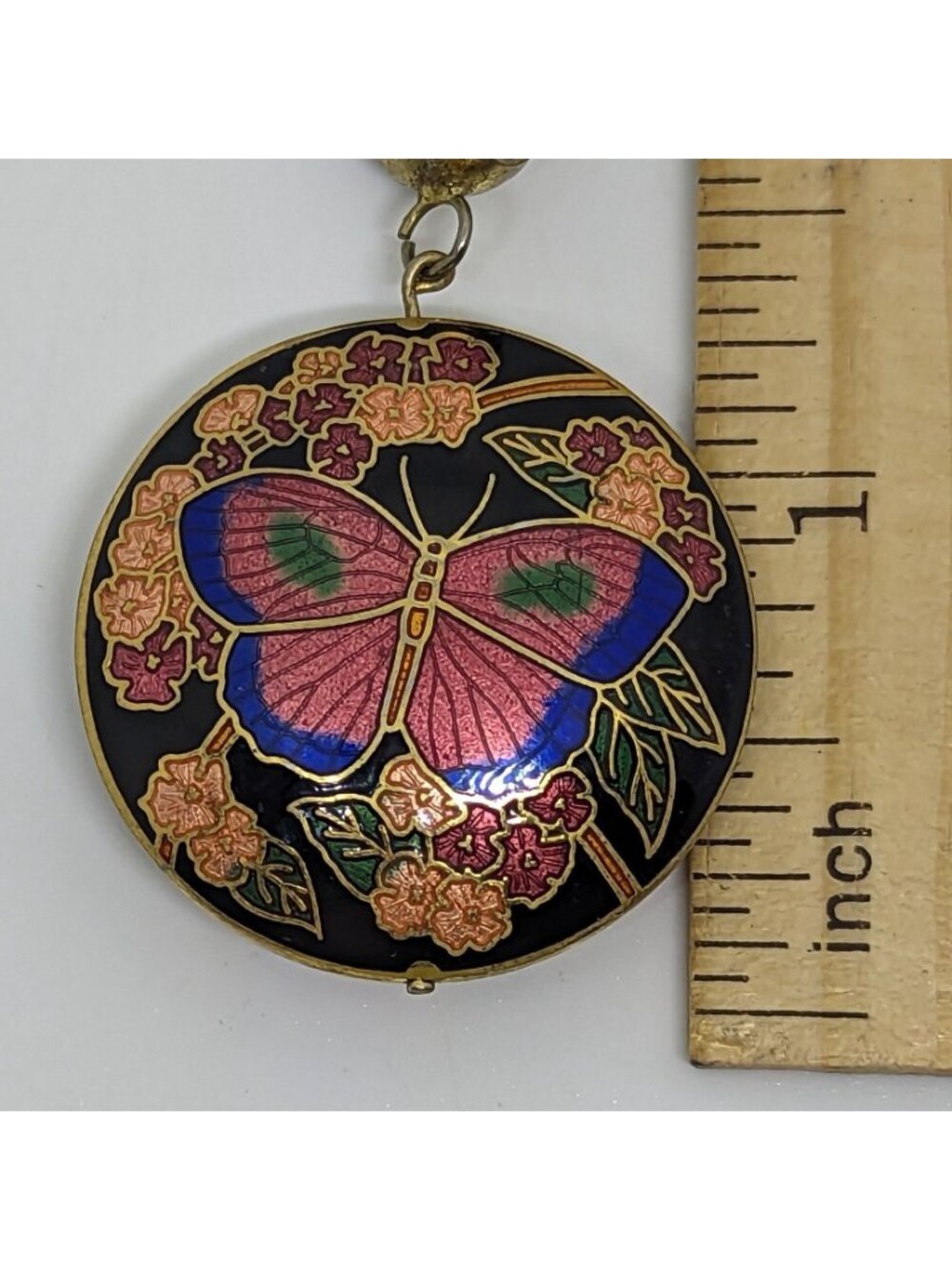 Vtg Cloisonné Butterfly Pendant Necklace Black Braided Cord Gold-Tone Floral 1.5 - Picture 2 of 2